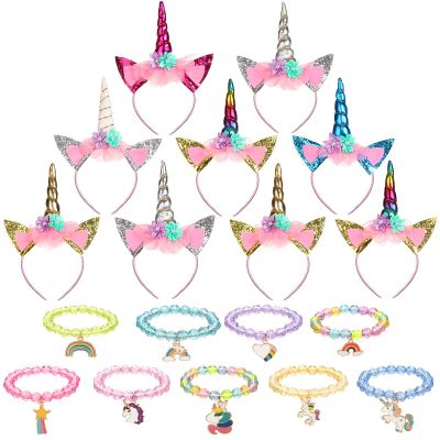 Jexine 18 Piece Unicorn Party Favors Include 9 Unicorn Horn Headbands Bulk Glitter Ears Flower 9 Rainbow Beaded Bracelets for Girls Friendship Gift for Christmas Birthday Party Decoration