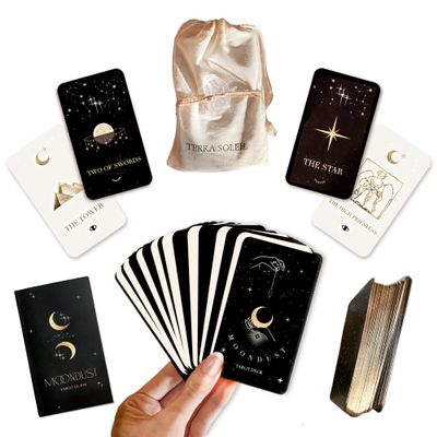 Moondust Tarot Deck | 78 Black White Tarot Cards, Gold Foil Edges, Beginner's Complete Card Deck, Egyptian Magic Divination Tools