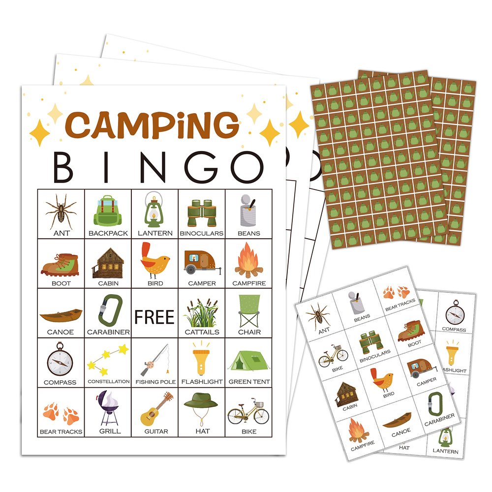 mermermu 5"x7" Camping Bingo Game Cards (24 Kinds), Campground Activity for Family, Outdoor Indoor, Hiking, Road Trip Activities, Camp Birthday Theme, Campfire Bingo