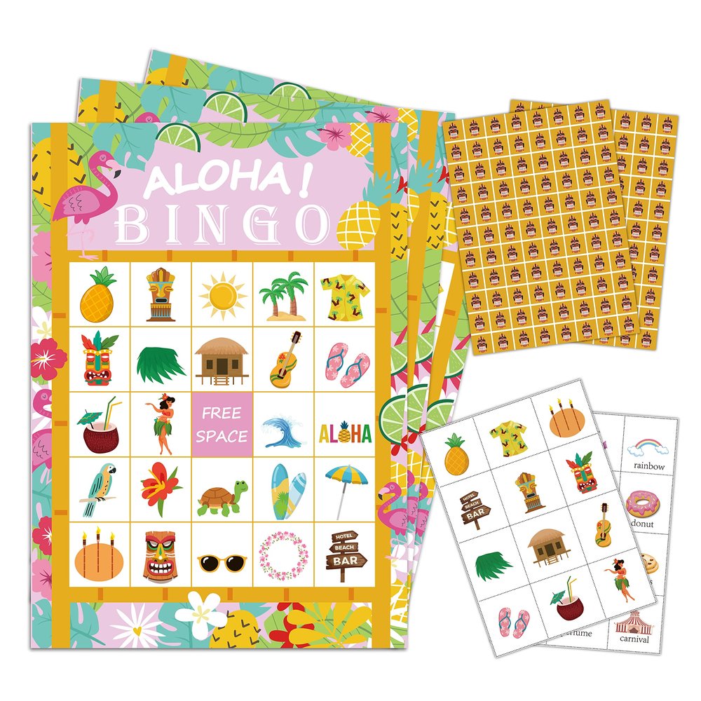 mermermu 5"x7" Hawaiian Bingo Game Cards (24 Kinds), Luau Aloha Tropical Summer Party Game, Outdoor Indoor, Hiking, Trip Activities, Family Vacation Travel Bingo, Activity Games -010alohal