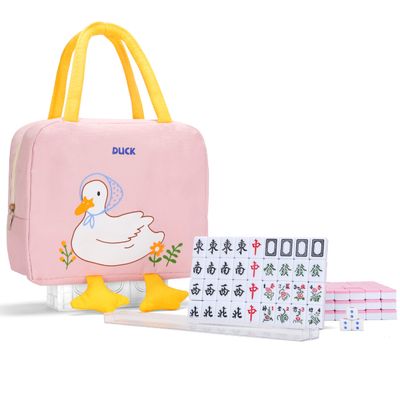 drizzle Pink 24mm Travel Mahjong Game Set Mini Duck - 0.9" Portable 144 Tiles - 4Pcs Racks Melamine Material Mah-Jong Family Leisure Time 2.76 Pounds -