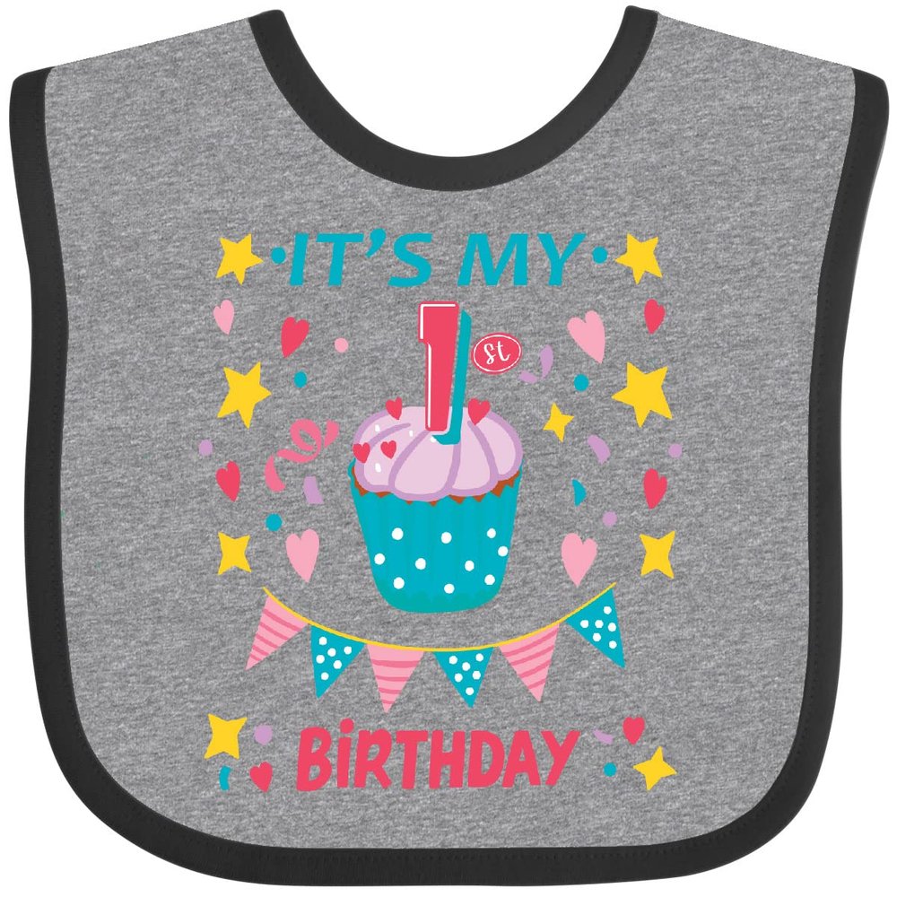 inktastic Colorful Cupcake and Confetti Girls 1st Birthday Baby Bib Heather and Black 41e0d