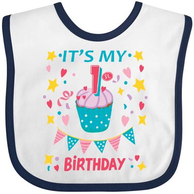 inktastic Colorful Cupcake and Confetti Girls 1st Birthday Baby Bib White and Navy 41e0d