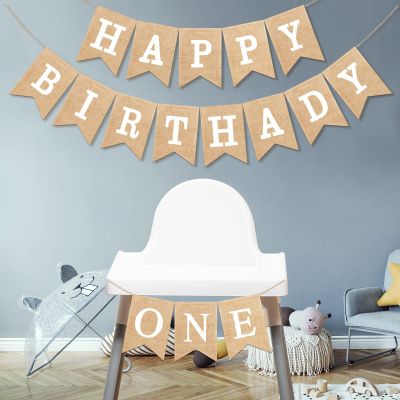 1st Birthday Party Decoration First Birthday Banner Rustic Happy 1st Burlap Banner One High Chair One Sign for Baby Girl Boy First Nursery Supplies, White Alphabet