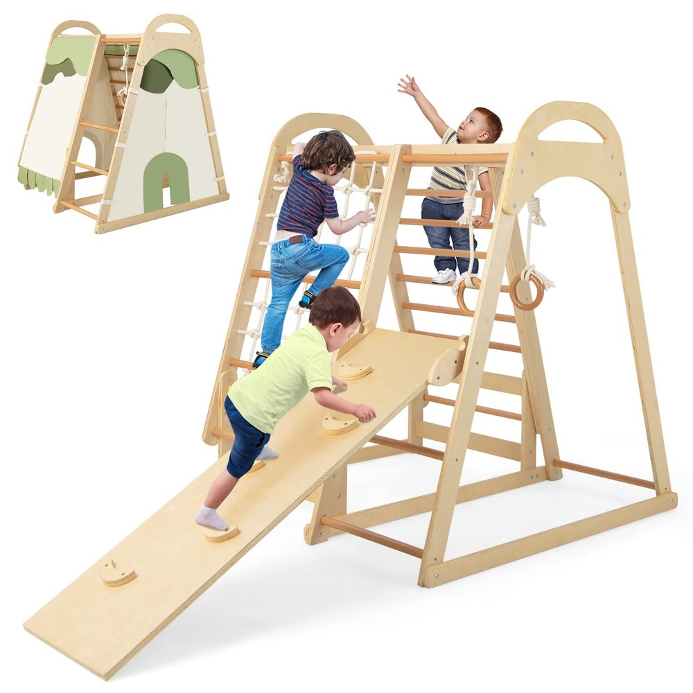 Costzon Indoor Jungle Gym, 7-in-1 Montessori Climbing Toys for Toddlers with Slide, Climbing Net, Gymnastic Rings, Indoor Wooden Playground Climber Playset for Kids 3+ Years Birthday