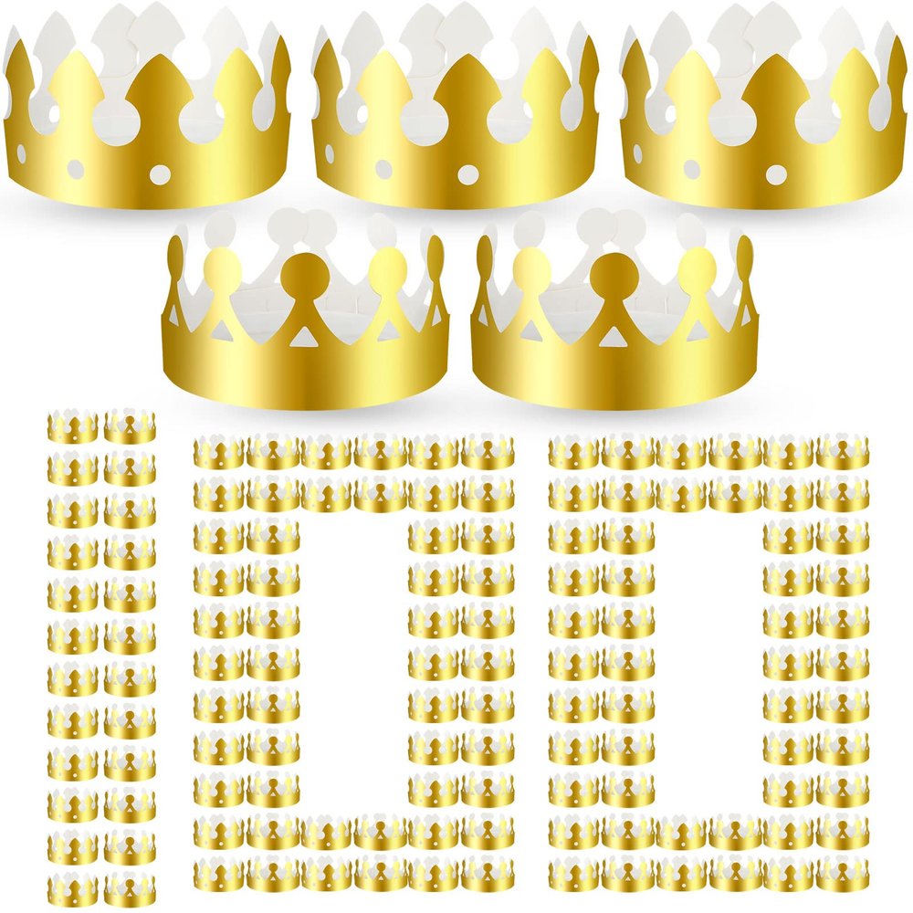 Crtiin 100 Pcs Gold Paper Crowns Birthday Party Bulk for Adults Classroom Students Hat Supplies Favors (Simple Style)