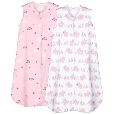 PHF 100% Organic Cotton Baby Sleep Sack, 0-6 Months Baby Wearable Blanket, 2-Way Zipper Infant Sleeping Sack for Girls, 2 Pack Comfy Small Size Sleeveless Sleeping Bags, Rainbow & Pink Elephant