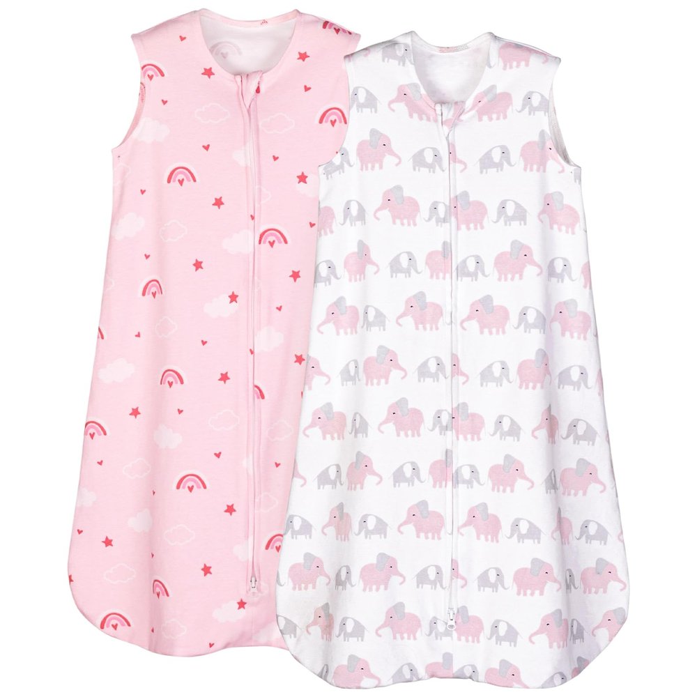PHF 100% Organic Cotton Baby Sleep Sack, 0-6 Months Baby Wearable Blanket, 2-Way Zipper Infant Sleeping Sack for Girls, 2 Pack Comfy Small Size Sleeveless Sleeping Bags, Rainbow & Pink Elephant