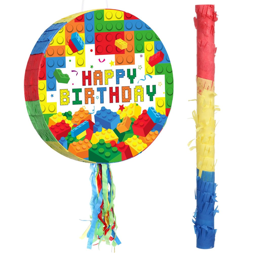 Jexine Birthday Block Piata Set Birthday Building Piata with Blindfold, Bat, Stick Blocks Party Supplies for Carnival Fiesta Party Supplies Event Decoration