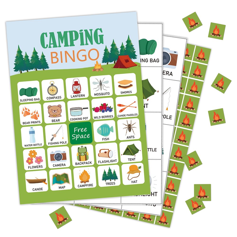 Camping Bingo Cards, Camp Adventure Bingo Game, Camp Birthday Party Game, Outdoor, Indoor, Family Travel Group Activity - 24 Players/03luying