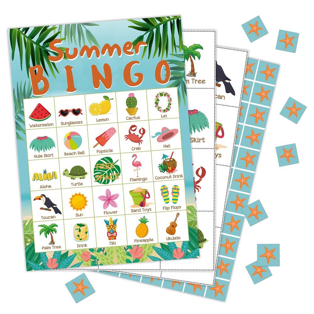 Hawaiian Bingo Cards, Tropical Summer Party Activities Bingo Game For Family, Adults Birthday Party, Family Activities Party, Group Activity - 24 Players/07xiatian