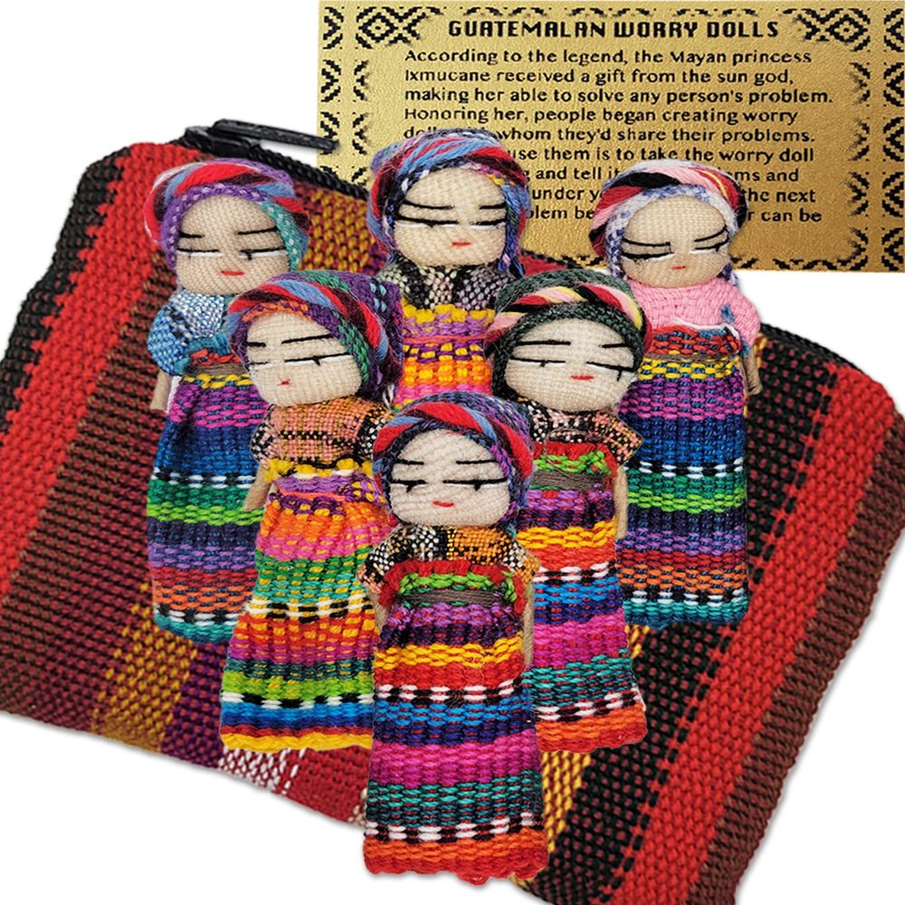 52 6 Cute Worry Dolls + 1 Free Guatemala Fabric Bag - Handmade Guatemala Worry Dolls - Set - Guatemalan - Guatamalen