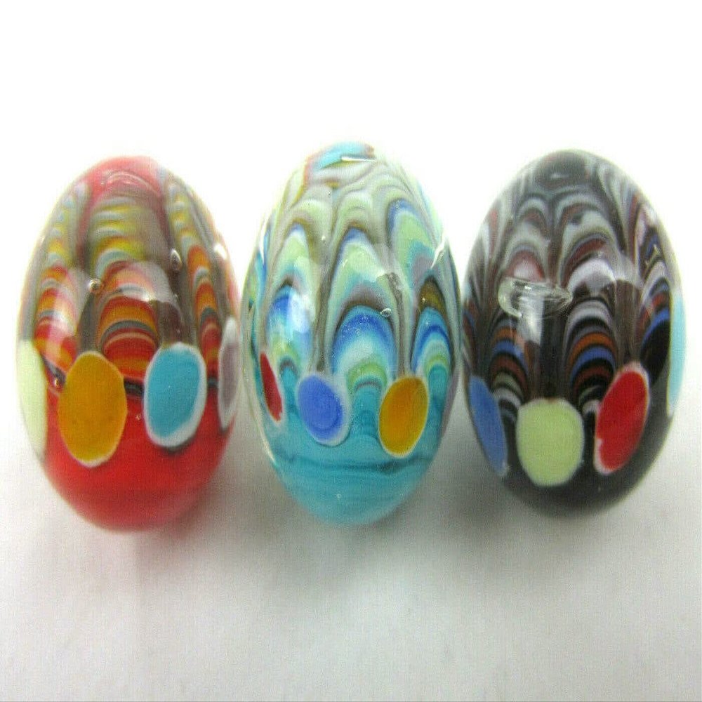 Big Game Toys~Set of 3 Big TOP 16mm Handmade Art Glass Blue Red Black Spots/Dots Swirls Marbles Circus Tent