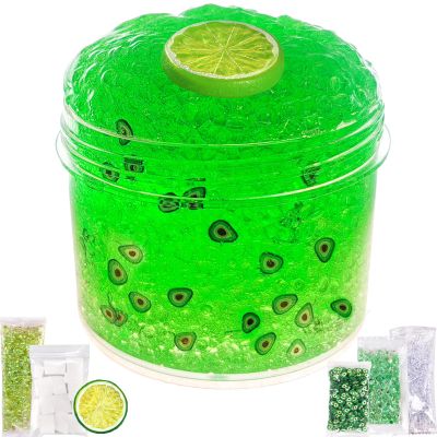 Premade Lemon Green Jelly Cube Glimmer Crunchy Crystal Slime, Includes 6 Sets of Add-ins, Super Soft and Non-Sticky, Party Favors for Boys and Girls