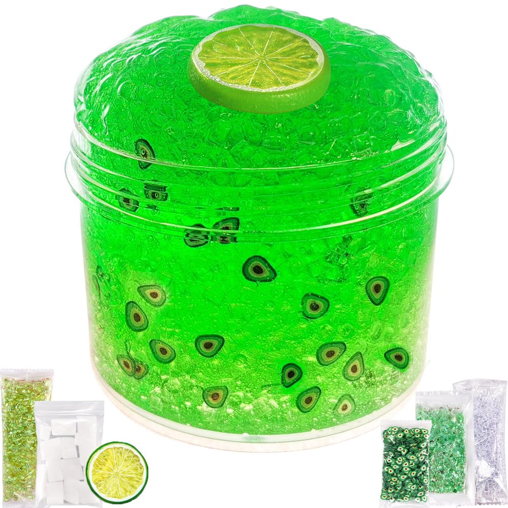 Premade Lemon Green Jelly Cube Glimmer Crunchy Crystal Slime, Includes 6 Sets of Add-ins, Super Soft and Non-Sticky, Party Favors for Boys and Girls