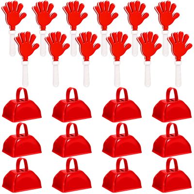 24 Pcs Cheer Cheerleader Cheerleading Items with Metal Cowbells and Hand Clappers Cheering Noise Maker for Soccer Football Basketball Game Sports Events Team Spirit Week Ball Dance Party Favors(Red)