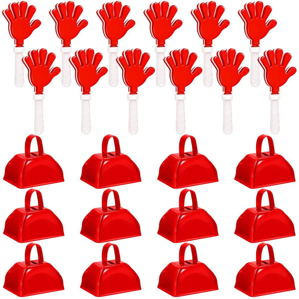 24 Pcs Cheer Cheerleader Cheerleading Items with Metal Cowbells and Hand Clappers Cheering Noise Maker for Soccer Football Basketball Game Sports Events Team Spirit Week Ball Dance Party Favors(Red)