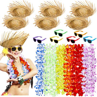 18 Pcs Hawaiian Party Kit: 6 Luau Hats, 6 Sunglasses, 6 Leis - Summer Beach Themed Party Favors and Wearables