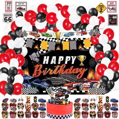 Mpanwen Race Car Birthday Party Supplies, 142 Pcs Racecar Racing Party Decorations for Boys Baby - Backdrop, Banner, Cake, and Cupcake Toppers, Balloons, Cupcakes Wrappers, Party Traffic Signs, Flags