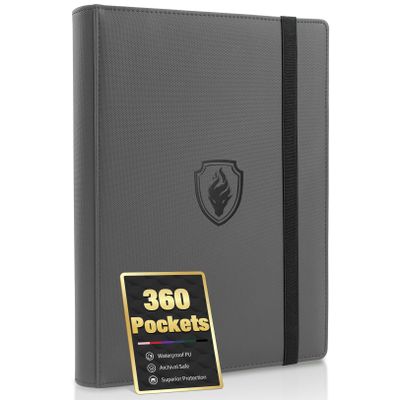 Premium 9 Pocket Card Binder for 360 Cards, Fabmaker PU Cover Trading Card Binder, Sturdy Card Collection Album, Sleek Card Holder Folders for Game Cards & Sports Cards, Grey