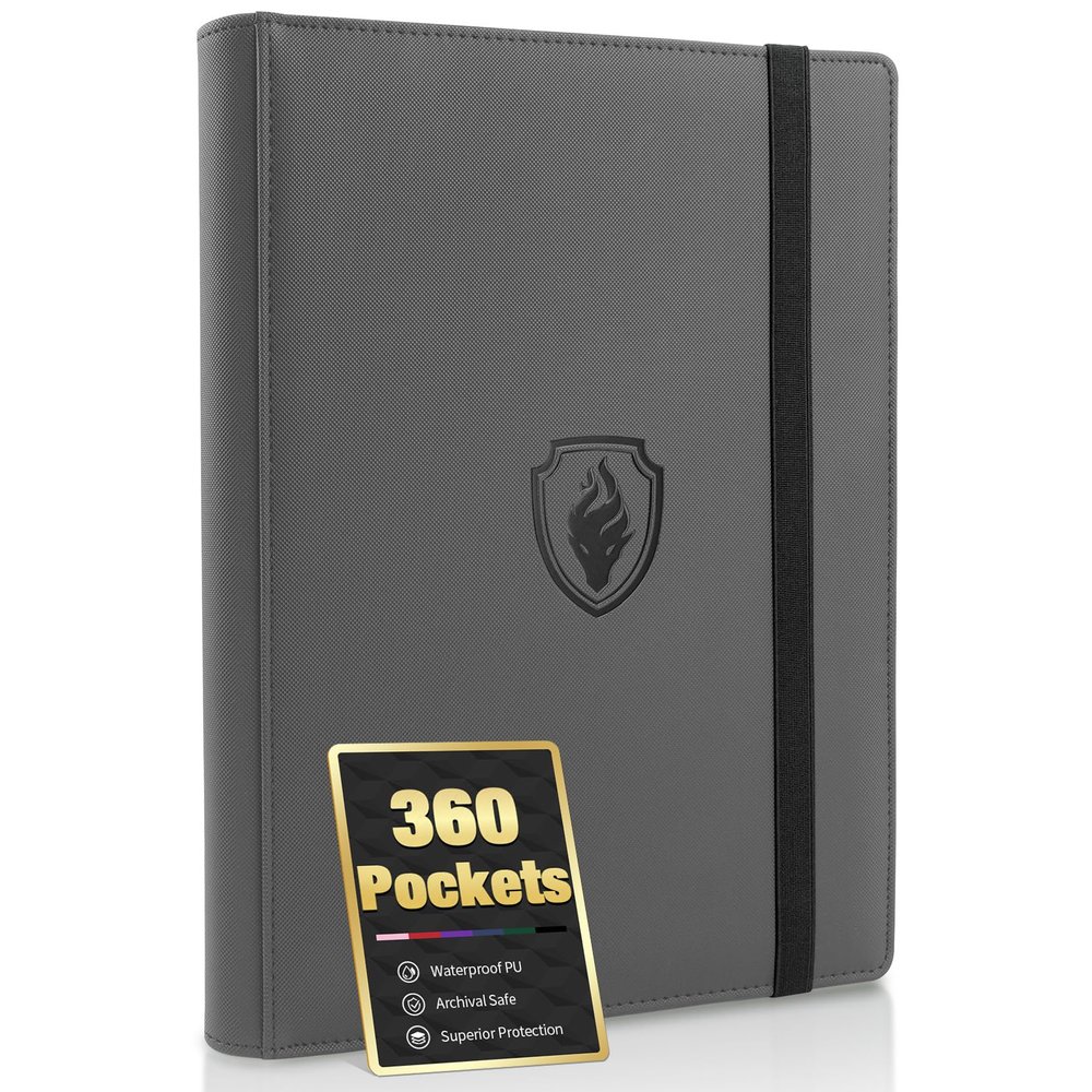Premium 9 Pocket Card Binder for 360 Cards, Fabmaker PU Cover Trading Card Binder, Sturdy Card Collection Album, Sleek Card Holder Folders for Game Cards & Sports Cards, Grey