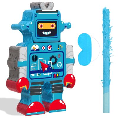 Harrycle Robot Piata with Red Blue Stick Tassel Eye Mask Double Tassel Piata Set for Birthday Party Robot Theme Party Decoration, 16.1 x 10.2 x 3.2 Inch