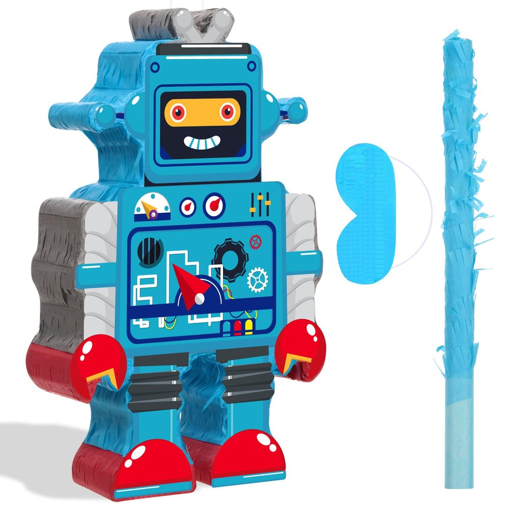 Harrycle Robot Piata with Red Blue Stick Tassel Eye Mask Double Tassel Piata Set for Birthday Party Robot Theme Party Decoration, 16.1 x 10.2 x 3.2 Inch