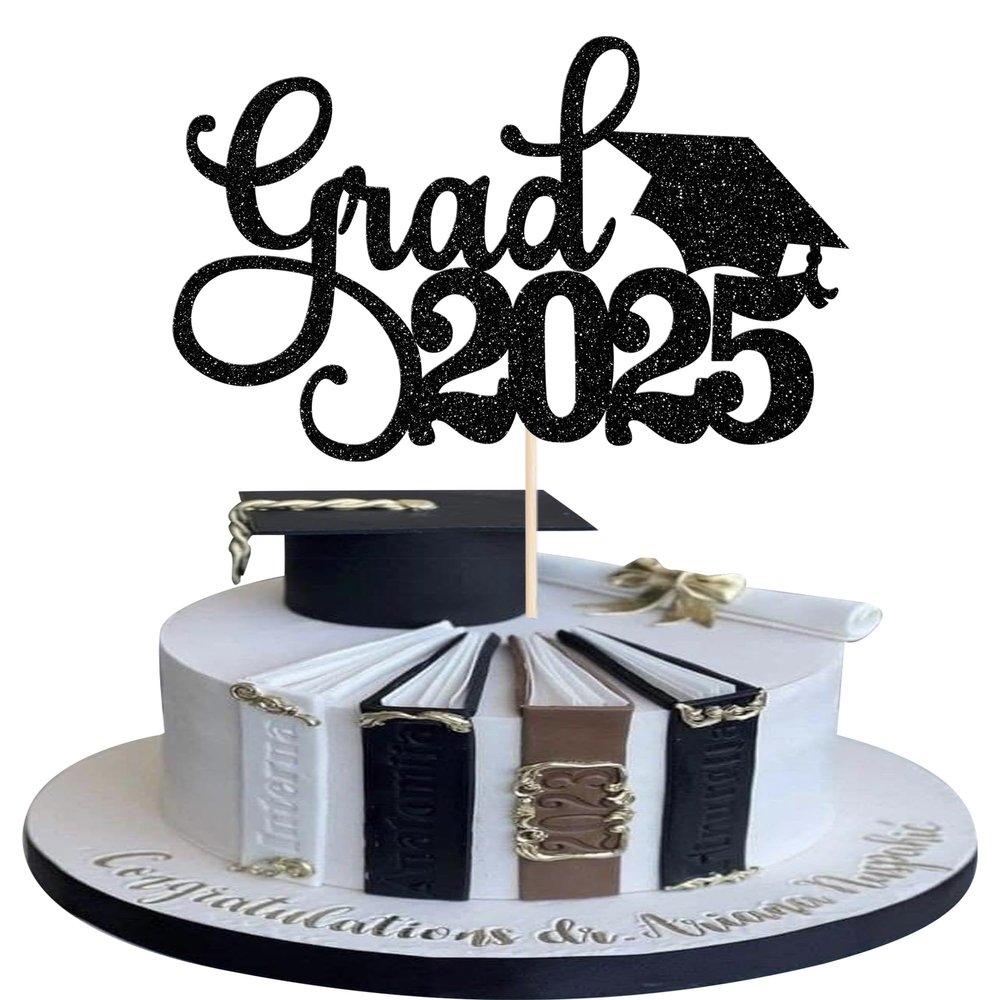 1 Pack Grad 2026 Cake Topper with Glitter Congrats Grad Cap Class of 2026 Cake Pick Decorations for 2026 Graduation Theme School Boys Girls Graduate Party Supplies Black