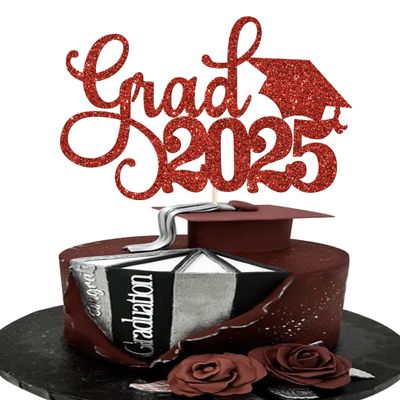 1 Pack Grad 2026 Cake Topper with Glitter Congrats Grad Cap Class of 2026 Cake Pick Decorations for 2026 Graduation Theme School Boys Girls Graduate Party Supplies Red