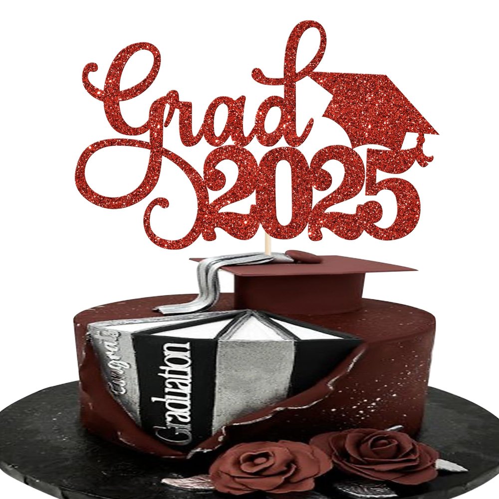 1 Pack Grad 2026 Cake Topper with Glitter Congrats Grad Cap Class of 2026 Cake Pick Decorations for 2026 Graduation Theme School Boys Girls Graduate Party Supplies Red