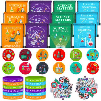 Sureio 86 Pcs Science Party Favors Include Science Drawstring Bags Silicone Bracelets Stickers Kawaii Pins for Scientist Birthday Decorations Back to School Classroom Prizes