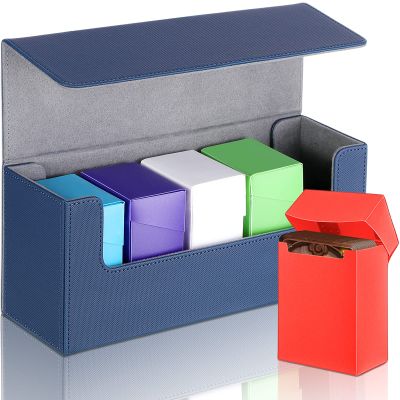 Silkfly 6 Pieces Deck Card Storage Box, 1 Leather Deck Case with 5 Plastic Card Boxes Playing Cards Box Compatible with Mtg Tcg Commander Card(Blue and Gray)