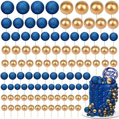 108 Pcs Balls Cake Topper DIY Cupcake Insert Foam Balloons for Cake Baking Wedding Anniversary Birthday Decoration(Bright Blue, Gold,Multi Sizes)