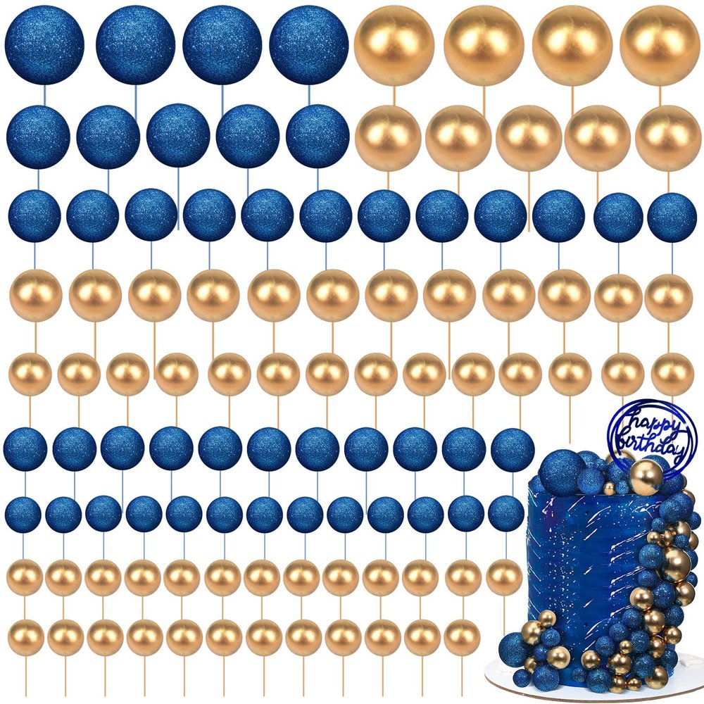 108 Pcs Balls Cake Topper DIY Cupcake Insert Foam Balloons for Cake Baking Wedding Anniversary Birthday Decoration(Bright Blue, Gold,Multi Sizes)