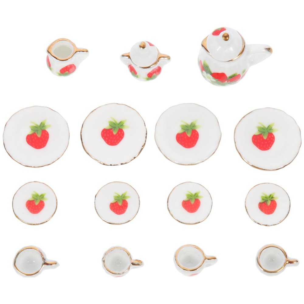 Vaguelly 15 Pieces Miniature Ware Porcelain Tea Set Floral 1/12 Miniature Cups Plates Dollhouse Kitchen Accessories for Age 3+