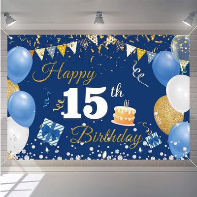 15th Birthday Decorations Backdrop Banner for Boys/Girls Happy 15 Years Old Fabric Sign Poster, Blue Photography Background 15th Birthday Party Supplies, 59"x35.4"
