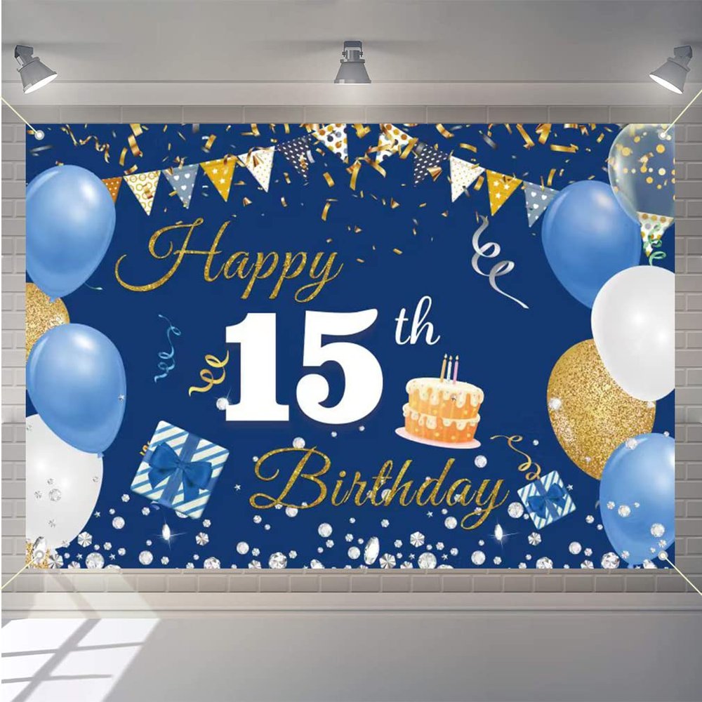 15th Birthday Decorations Backdrop Banner for Boys/Girls Happy 15 Years Old Fabric Sign Poster, Blue Photography Background 15th Birthday Party Supplies, 59"x35.4"