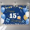 15th Birthday Decorations Backdrop Banner for Boys/Girls Happy 15 Years Old Fabric Sign Poster, Blue Photography Background 15th Birthday Party Supplies, 59"x35.4" view 1