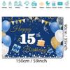 15th Birthday Decorations Backdrop Banner for Boys/Girls Happy 15 Years Old Fabric Sign Poster, Blue Photography Background 15th Birthday Party Supplies, 59"x35.4" view 2