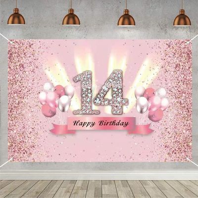14th Birthday Decorations for Girls Happy 14th Birthday Backdrop Banner Party Deco Girl 14 Years Old Anniversary Part y Fabric Sign Poster Pink Photo Background P Arty Supplies, 59"x35.4"
