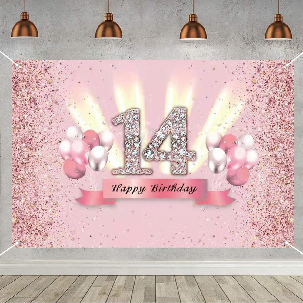 14th Birthday Decorations for Girls Happy 14th Birthday Backdrop Banner Party Deco Girl 14 Years Old Anniversary Part y Fabric Sign Poster Pink Photo Background P Arty Supplies, 59"x35.4"