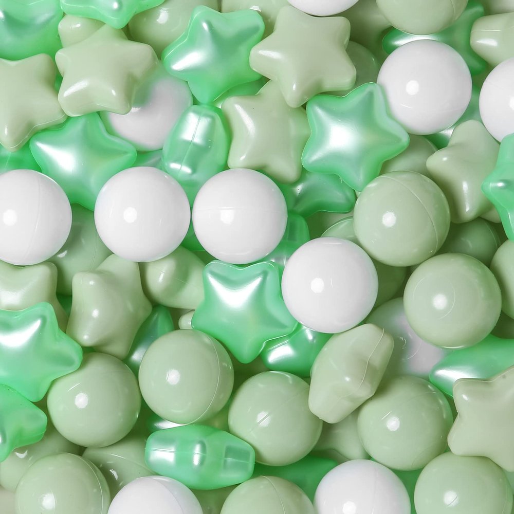 TRENDPLAY Star Ball Pit Balls for Toddlers - 100 Count Star Balls Different Shapes, Non-Toxic Plastic Balls for Boys Girls Festival Party Decoration, Pearl Green+Macaron Green