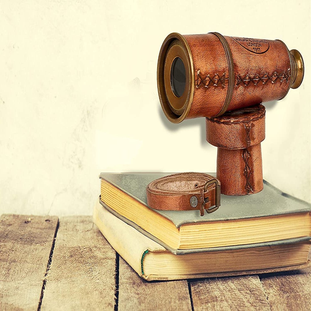 12x Antique Telescope, Kelvin and Hughes Functional Vintage Replica, with Beautiful Imprinted Leather Case, Gifting Nautical Navy Zoomable Pirate Spyglass Collectible 16" by Allory Tech