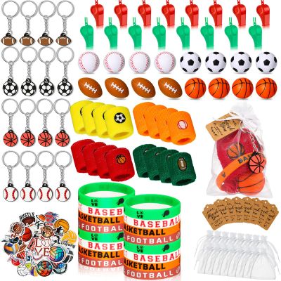 Junkin 162 Pcs Sport Balls Party Favors 16 Sets, Stress Balls Wristband Keychains Sticker Bracelet Whistle Cards Sport Gift Bag Basketball Baseball Football for Kids Party Gift (Chic)