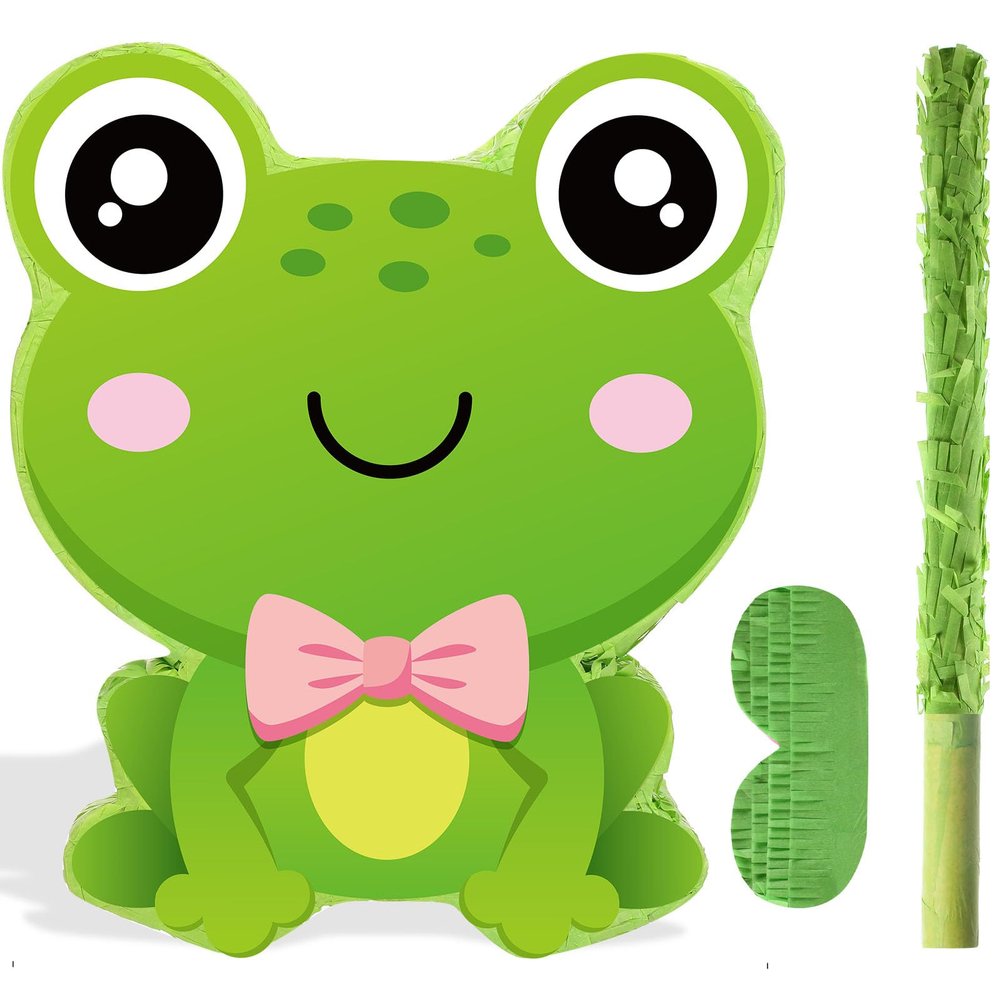 Aoriher Frog Piata with Stick Blindfold & Confetti - Birthday Party Favors Decorations for Animal Theme Party Supplies Toys Outdoor Games, 15 x 13 x 3.2 Inch