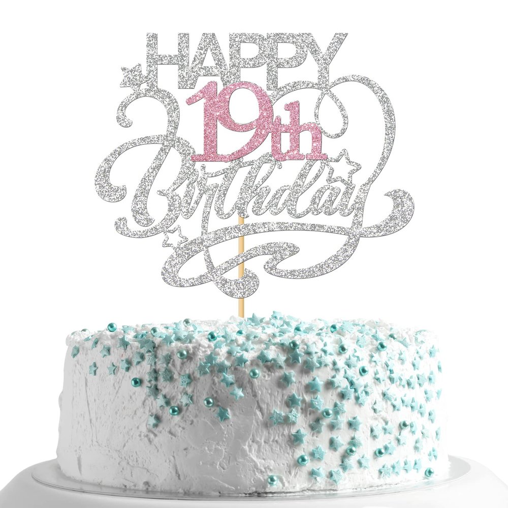 MonMon & Craft Happy 19th Birthday Cake Topper/Cheers to 19 Years/Girls 19th Birthday Party Decor Supplies - Silver & Pink Glitter (19th)