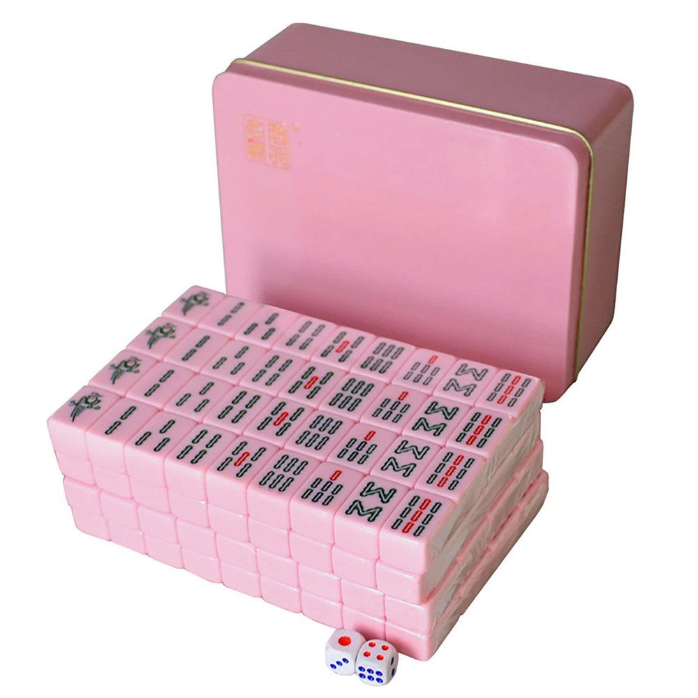 MEIMAI Hot Mini Mahjong Tiles 20MM, Classic Small Chinese Mahjong Game Set 4 Player Table Game, 144Pcs Mahjong Set with Iron Travel Case, Complete Set Gift/Birthday,Pink