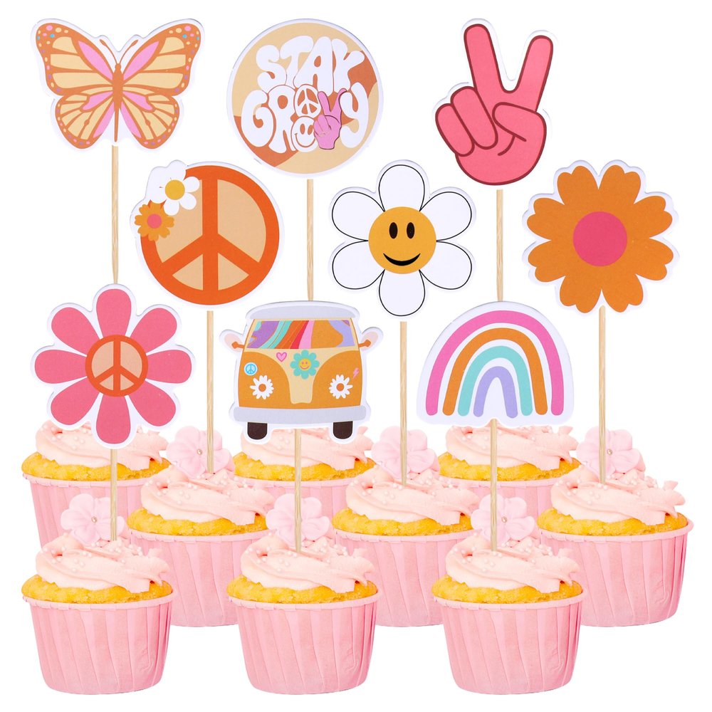 36 PCS Hippie Party Cupcake Toppers Peace Sign Hand Butterfly Two Groovy Cupcake Picks Dasiy Flower 60s Retro Boho Cake Decorations for Hippie Two Groovy Carnival Theme 2nd Birthday Party Supplies