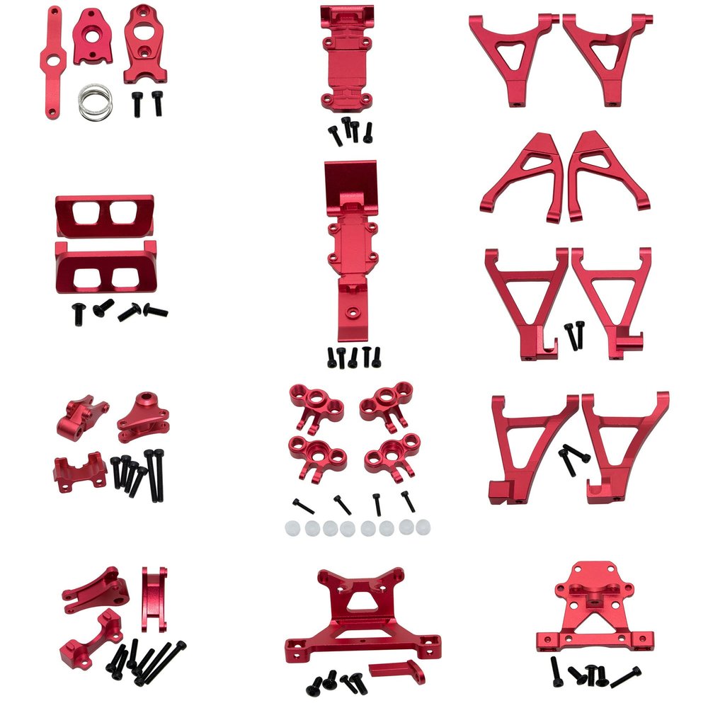 Upgrade Compatible with Traxxas 1/16 E-REVO Mini Slash Rc Car Body Post Mount & Skid Plate & Axle Carriers Knuckle Arm & Suspension Rocker Arms & Steering Full Set Aluminum Alloy Parts(Red)
