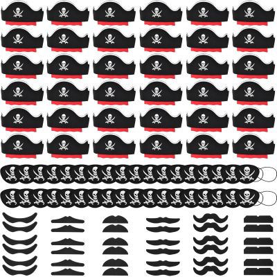 Halatool 36 Set Pirate Accessories Bulk for Kids, Include 36 Felt Pirates Hats with 36 Eye Patches and 36 Mustaches, Pirate Costume Accessories for Halloween, Masquerade, Cosplay, Party Favors Decor
